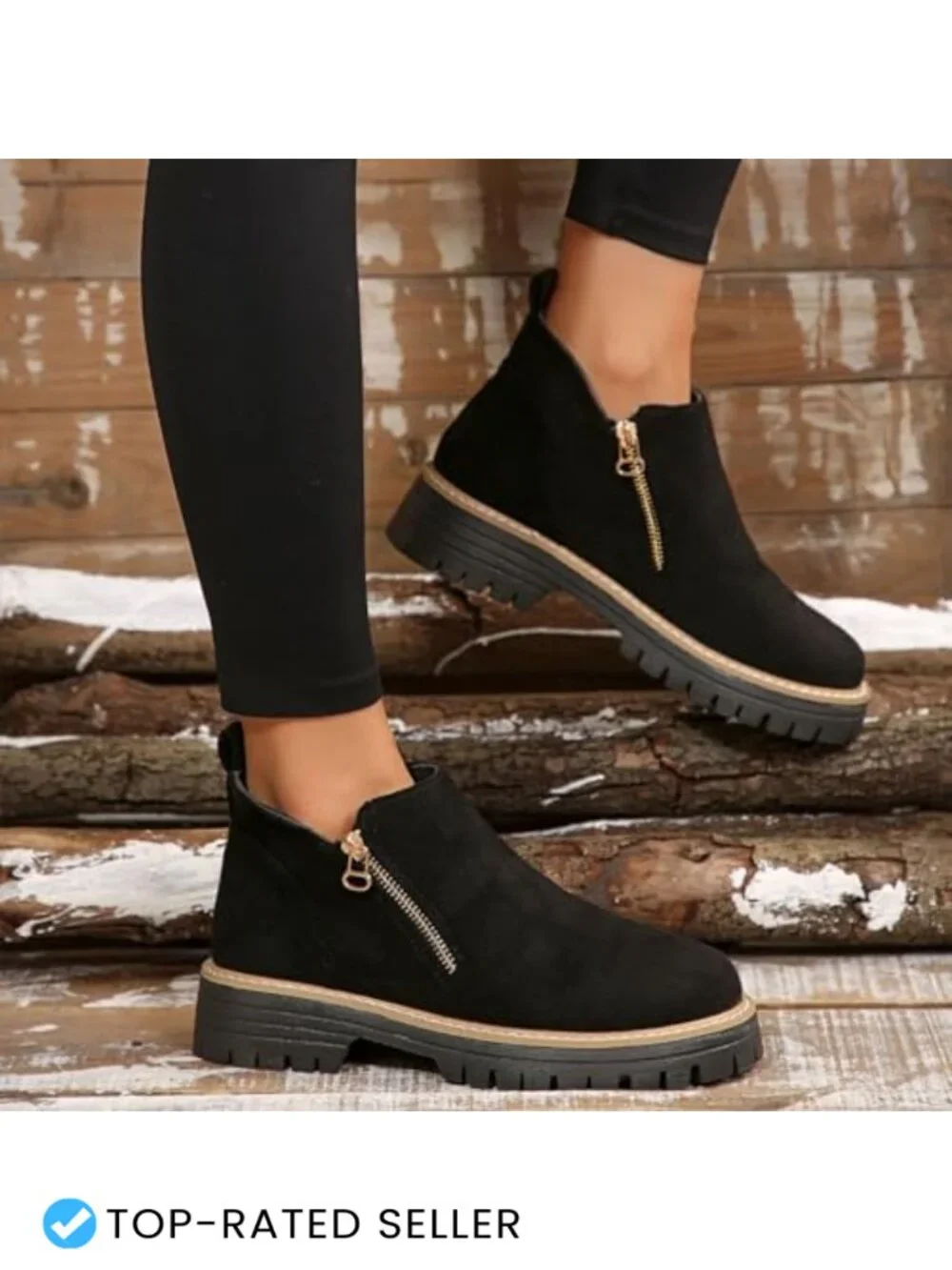 Vintage Low Heel Platform Ankle Boots Pointed Toe Side Zipper Chunky Heels Faux
